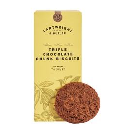 Cartwright & Butler Triple Chocolate Chunk Biscuits in yellow carton with one biscuit displayed alongside