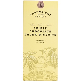 Cartwright & Butler Triple Chocolate Chunk Biscuits, 200g, in illustrated yellow cardboard packaging with cocoa plant motif