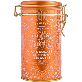 Cartwright & Butler Chocolate Birthday Biscuits in orange and gold decorative clip-top tin with ornate white detailing