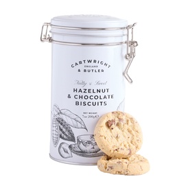 Cartwright & Butler Hazelnut & Chocolate Biscuits in white clip-top tin, with two biscuits displayed in front
