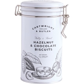 Cartwright & Butler Hazelnut & Chocolate Biscuits in white illustrated clip-top tin, 200g