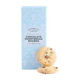 Cartwright & Butler Chocolate Shortbread Rounds in pale blue illustrated box, with two cookies shown in front