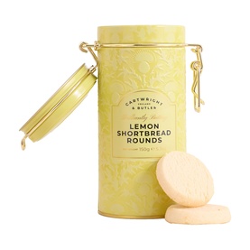 Cartwright & Butler Lemon Shortbread Rounds in yellow floral tin with gold clip closure, two pale round biscuits displayed alongside.
