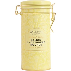 Cartwright & Butler Lemon Shortbread Rounds in pale yellow cylindrical tin with gold clip-top lid and embossed floral design.
