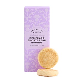 Cartwright & Butler Demerara Shortbread Rounds in lilac carton box with two round shortbread biscuits stacked in front
