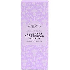 Cartwright & Butler Demerara Shortbread Rounds in lilac floral carton, 150g
