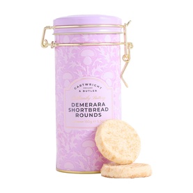 Cartwright & Butler Demerara Shortbread Rounds in lilac damask tin with gold clip fastening, two shortbread biscuits displayed alongside.