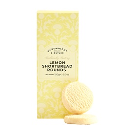 Cartwright & Butler Lemon Shortbread Rounds in pale yellow box with two round embossed shortbread biscuits displayed alongside.