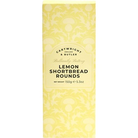 Cartwright & Butler Lemon Shortbread Rounds 150g in yellow floral carton packaging, 5.3oz net weight shown on box.