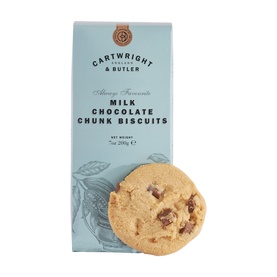 Cartwright & Butler Milk Chocolate Chunk Biscuits in light blue box with one biscuit displayed in front, 200g