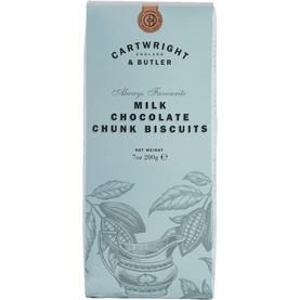 Cartwright & Butler Milk Chocolate Chunk Biscuits in pale blue carton packaging, 200g, with illustrated cocoa plant motif.