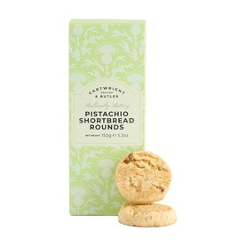 Cartwright & Butler Pistachio Shortbread Rounds in pale green floral box with two golden shortbread biscuits displayed in front