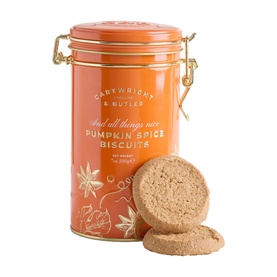 Cartwright & Butler Pumpkin Spice Biscuits in orange gold-clasp tin with biscuits displayed alongside
