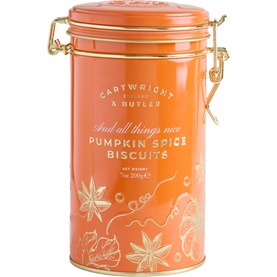 Cartwright & Butler Pumpkin Spice Biscuits in orange and gold decorative clip-top tin with autumnal spice motifs