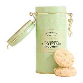Cartwright & Butler Pistachio Shortbread Rounds in sage green gold-clasp tin, with two shortbread rounds resting against it.