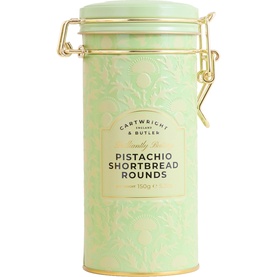 Cartwright & Butler Pistachio Shortbread Rounds in a sage green embossed tin with gold clip-top lid, 150g