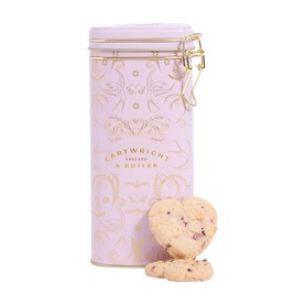 Cartwright & Butler biscuit tin in blush pink with gold floral detail and clip closure, shown with chocolate chip cookies
