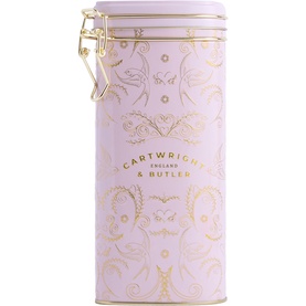 Cartwright & Butler biscuits in a lilac and gold decorative clip-top tin with ornate botanical print design.
