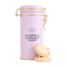 Cartwright & Butler Strawberry & Clotted Cream Shortbread Rounds in pink lidded tin with gold clasp, two biscuits resting at base