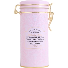 Cartwright & Butler Strawberry & Clotted Cream Shortbread Rounds in pale pink cylindrical tin with gold clip closure, 150g