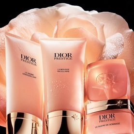 Dior Prestige skincare collection including Le Baume de Gommage body scrub, micellar mousse, and balm, in pink and gold packaging
