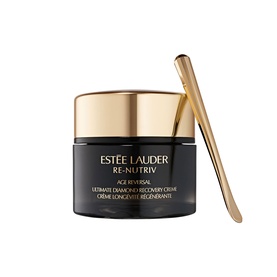 Estee Lauder Re-Nutriv Age Reversal Recovery Cr&egrave;me in black and gold jar with gold spatula applicator