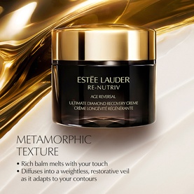 Est&eacute;e Lauder Re-Nutriv Age Reversal Recovery Cr&egrave;me in black and gold jar with promotional text on cream background.