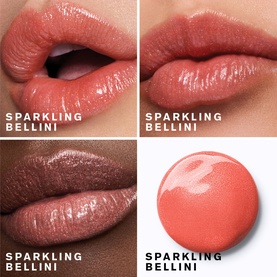 Estee Lauder Pure Colour Melt-On Shimmerstick Lip Gloss Stick in 625 Sparkling Mocktail; four-panel swatch showing coral-pink shimmer on lips and