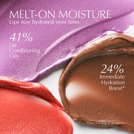 Est&eacute;e Lauder Pure Colour Melt-On Shimmerstick in 625 Sparkling Mocktail; campaign graphic highlighting 41% lip conditioning oils and 24% hydration