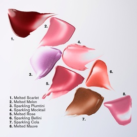 Estee Lauder Pure Colour Melt-On Shimmerstick Lip Gloss Stick swatch palette showing 8 shades including 625 Sparkling Mocktail