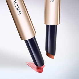 Estee Lauder Pure Colour Melt-On Shimmerstick Lip Gloss Stick in 625 Sparkling Mocktail, two open sticks showing nude-pink and coral shades