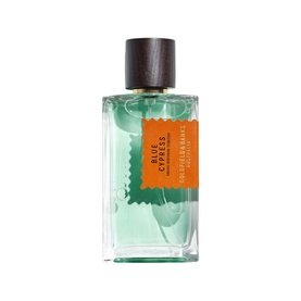 Goldfield & Banks Blue Cypress EDP in clear green glass bottle with dark wood cap and orange label detail