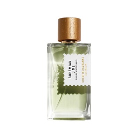 Goldfield & Banks Bohemian Lime Eau de Parfum in a clear glass bottle with wooden cap and green botanical label