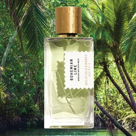 Goldfield & Banks Bohemian Lime Eau de Parfum, clear rectangular bottle with gold cap, set against tropical jungle backdrop