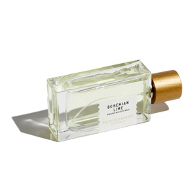 Goldfield & Banks Bohemian Lime Eau de Parfum in clear rectangular bottle with gold cap, upright on white surface