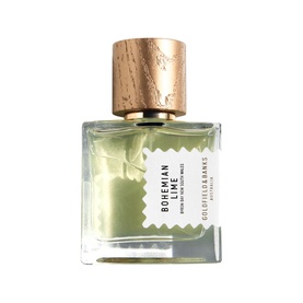 Goldfield & Banks Bohemian Lime Eau de Parfum in clear glass bottle with wooden cap and white label