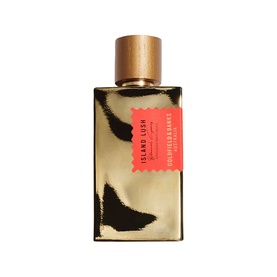 Goldfield & Banks Island Lush EDP in gold abstract-print bottle with brushed gold cap and coral label