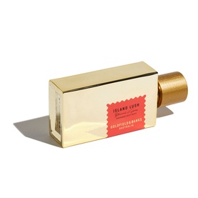 Goldfield & Banks Island Lush EDP in gold rectangular bottle with red label and gold cap