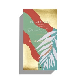 Goldfield & Banks Island Lush EDP in botanical-illustrated box with gold foil, coral and sage green tropical leaf design.