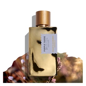 Goldfield & Banks Purple Suede EDP in gold bottle with brushed gold cap, styled with dried floral botanicals in background.