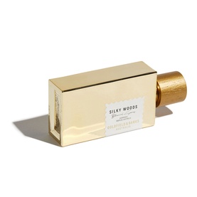 Goldfield & Banks Silky Woods EDP in gold rectangular bottle with wooden cap