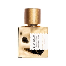 Goldfield & Banks Silky Woods Eau de Parfum in gold-toned bottle with brushed metallic finish and branded label