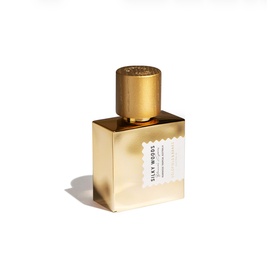 Goldfield & Banks Silky Woods Eau de Parfum in a gold square bottle with matching gold cap and white label