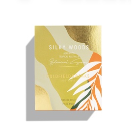 Goldfield & Banks Silky Woods Eau de Parfum box with tropical botanical gold, orange and cream illustrated design