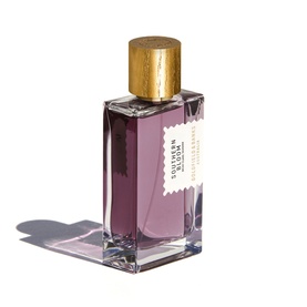 Goldfield & Banks EDP in a purple glass bottle with a gold wooden cap, rectangular silhouette with stamp-style label
