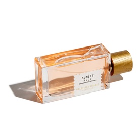 Goldfield & Banks Sunset Hour Eau de Parfum in a clear rectangular bottle with warm peach-toned fragrance and gold cap