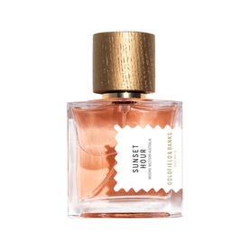 Goldfield & Banks Sunset Hour Eau de Parfum in clear glass bottle with brushed gold cap and coral-pink fragrance