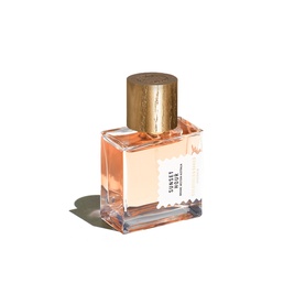 Goldfield & Banks Sunset Hour Eau de Parfum in a square glass bottle with warm peach liquid and brushed gold cap