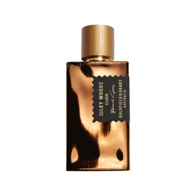 Goldfield & Banks Silky Woods Parfum in dark amber bottle with gold cap and leopard-print label detail