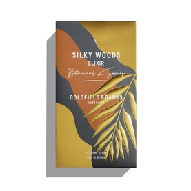 Goldfield & Banks Silky Woods Elixir Botanical Series parfum in dark grey and gold leaf-print box packaging